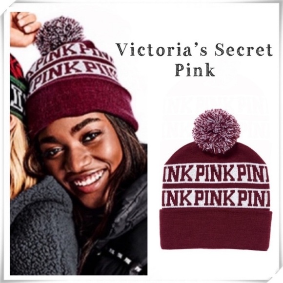 VICTORIA’S Secret Pink Spell out Logo Knitted Winter Snow Hat in Burgundy - Picture 1 of 6